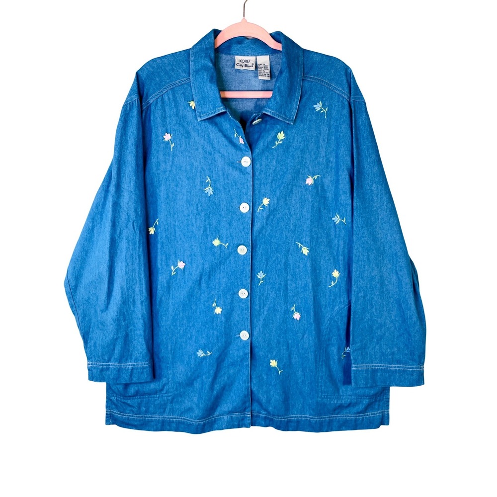 Koret City Blues Womens XL Denim Shirt Jacket Floral Embroidered Blue Cotton XL